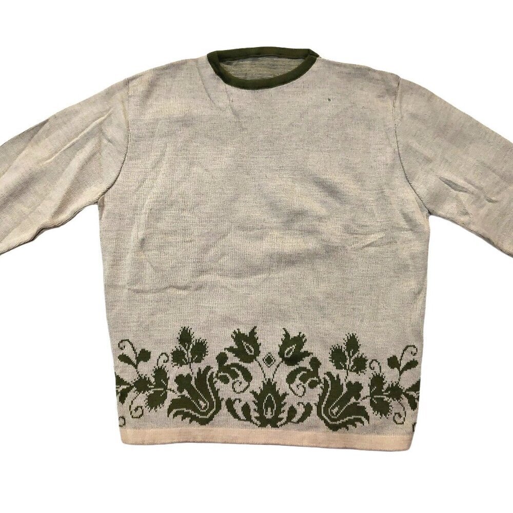 Vintage 1940s-1950s 3/4 Sleeve Crewneck Beige Olive Green Floral Woven Sweater - Picture 2 of 7